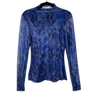 BCBGeneration Blue Snake Print Mesh Mock Neck Long Sleeve Sheer Layering Top Med